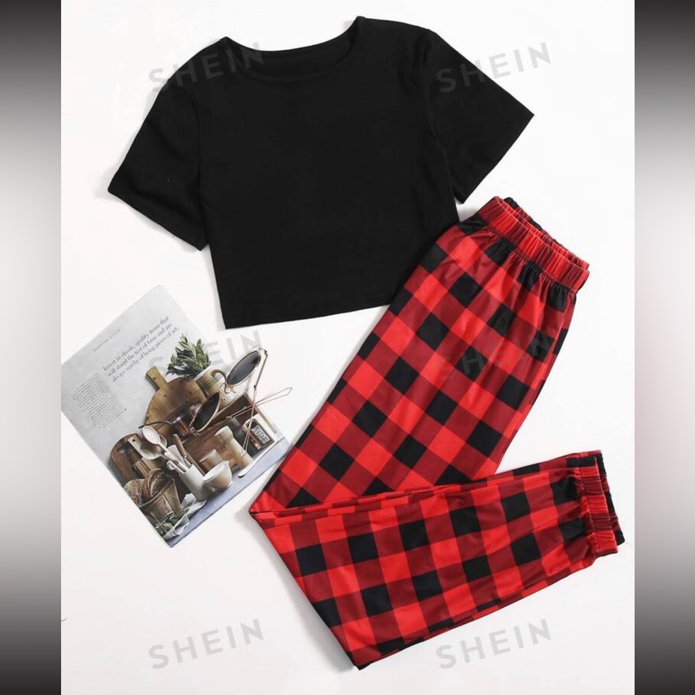 Solid Black Cropped Tee & Buffalo Plaid Sweatpants